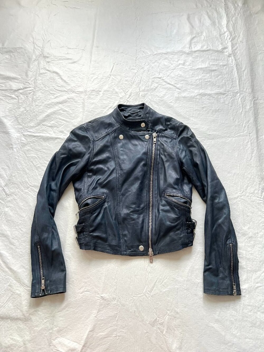 Club Monaco leather jacket blue moto biker zip up womens small extra small crop